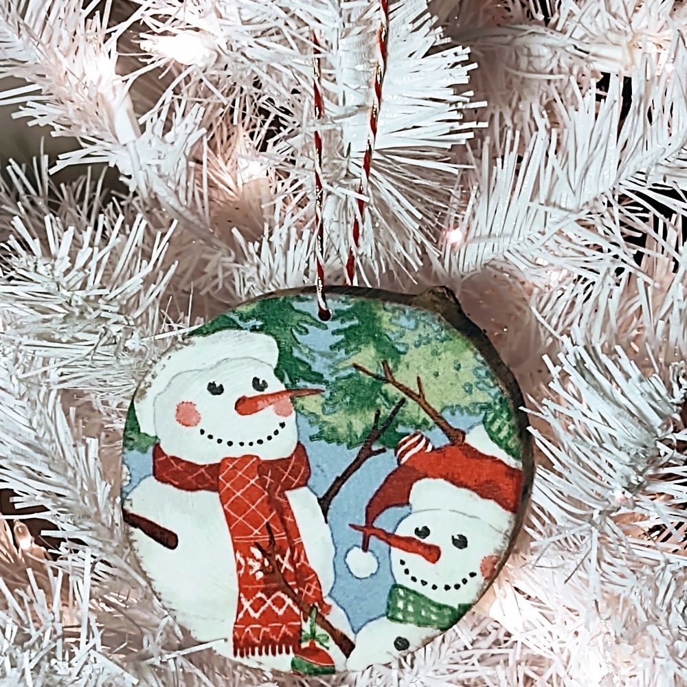 Hand Crafted Decoupage Wooden Christmas Ornament/Jolly Snowmen/Christmas Tree